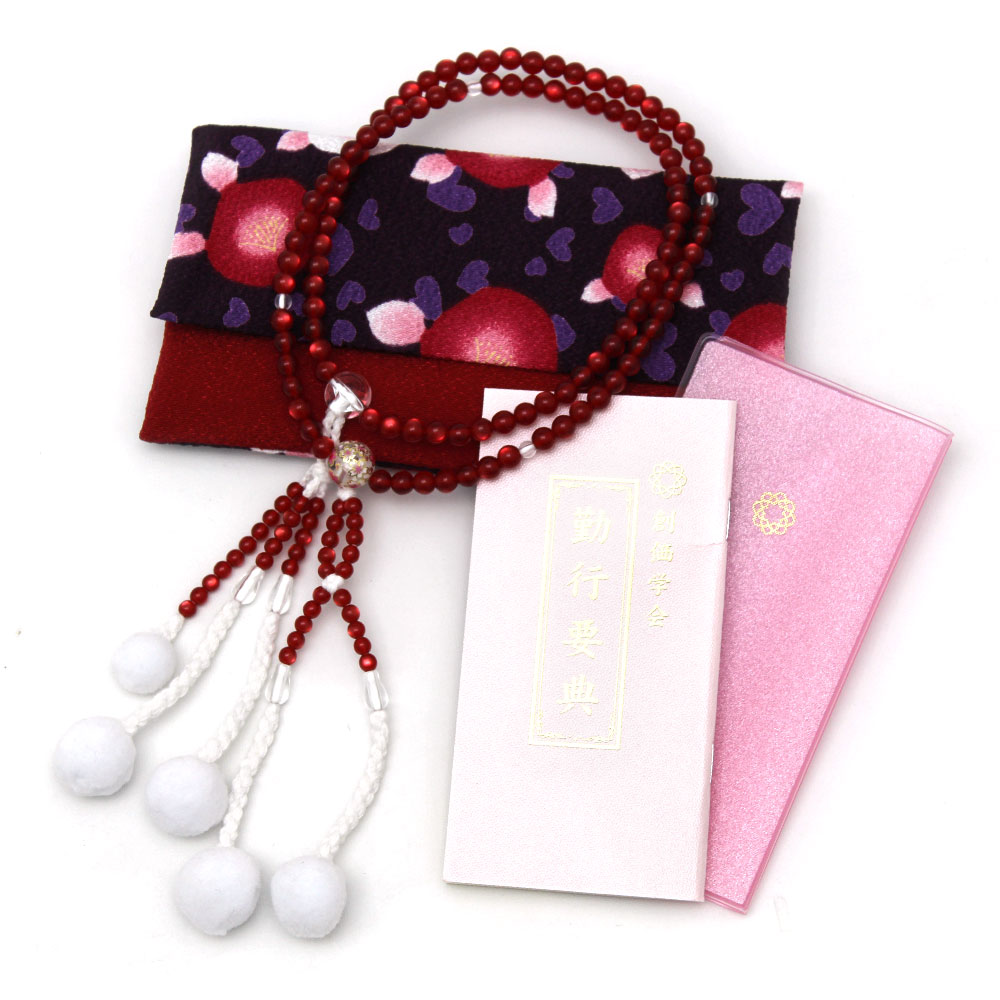 【創価学会 勤行3点セット (念珠8寸/経本小/念珠入れ)】 女性用 桜転写 レッド / ちりめん 京なごみ 椿..