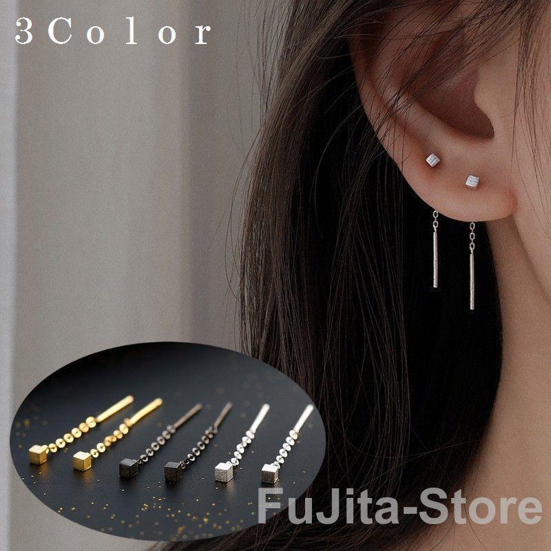 樂天商城 - チェーンピアス アメリカンピアス アクセサリー レディース 女性用 キューブ 小ぶり シンプル 揺れる ゆらゆら おしゃれ シルバーカラー
