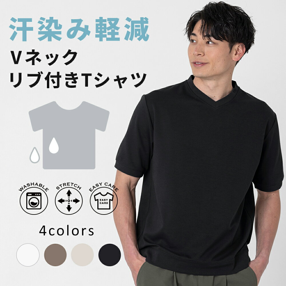 メンズ 半袖Tシャツ Vネック リブ付き コットンスムース 無地 汗染み軽減 吸汗速乾 インナー 夏 シンプル ビジネス 家庭洗濯 イージーケア M L LL 20代 30代 40代 URBAN SQUARE 54381