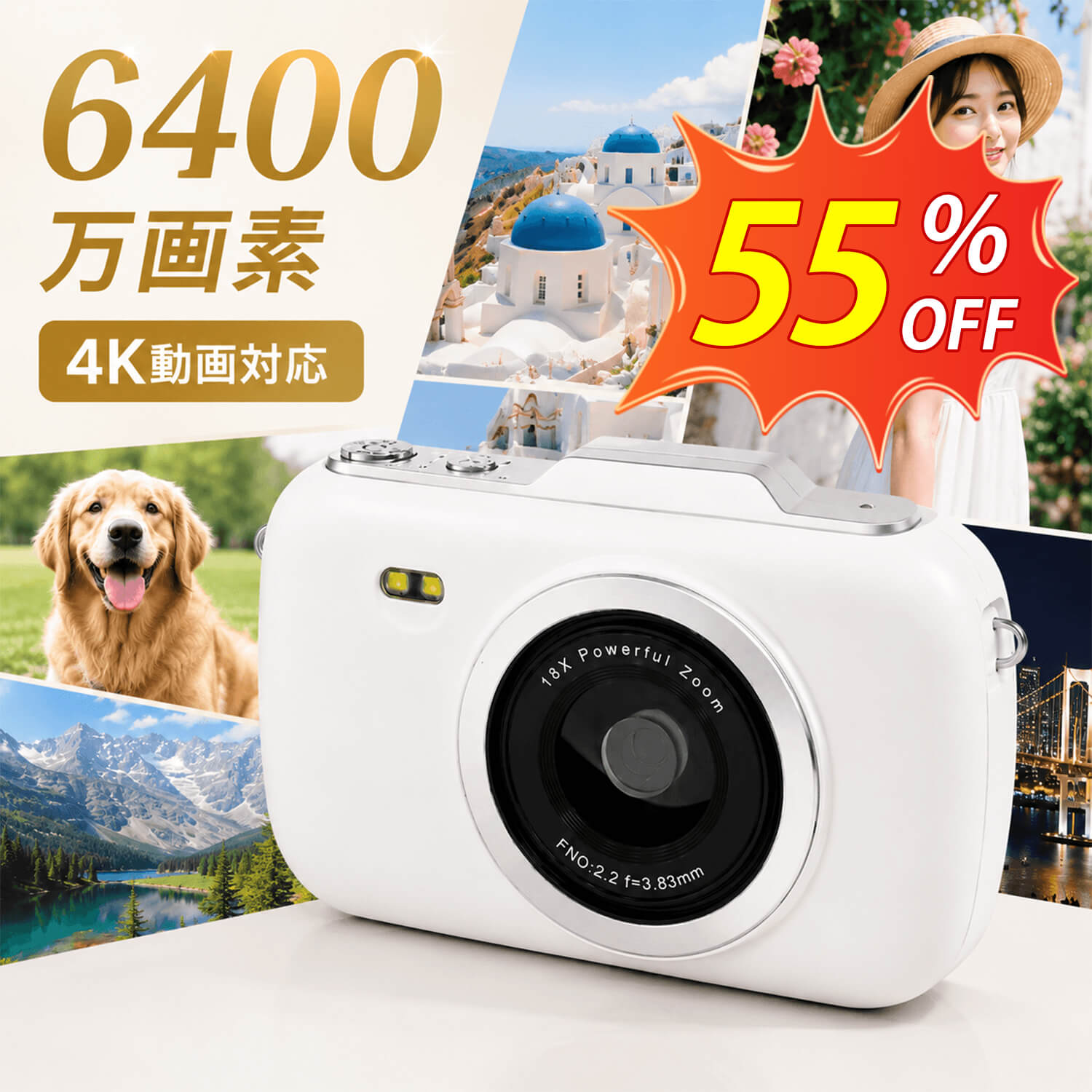 デジタルカメラ 4K コンパクトカメラ 高画質 6400万画素 キッズカメラ トイカメラ 子供用 初心者 写真 動画 撮影 ズーム フラッシュ付き 軽量 小型 USB充電 Type-C TFカード対応 PCカメラ 修学旅行 入学祝い プレゼント ギフト