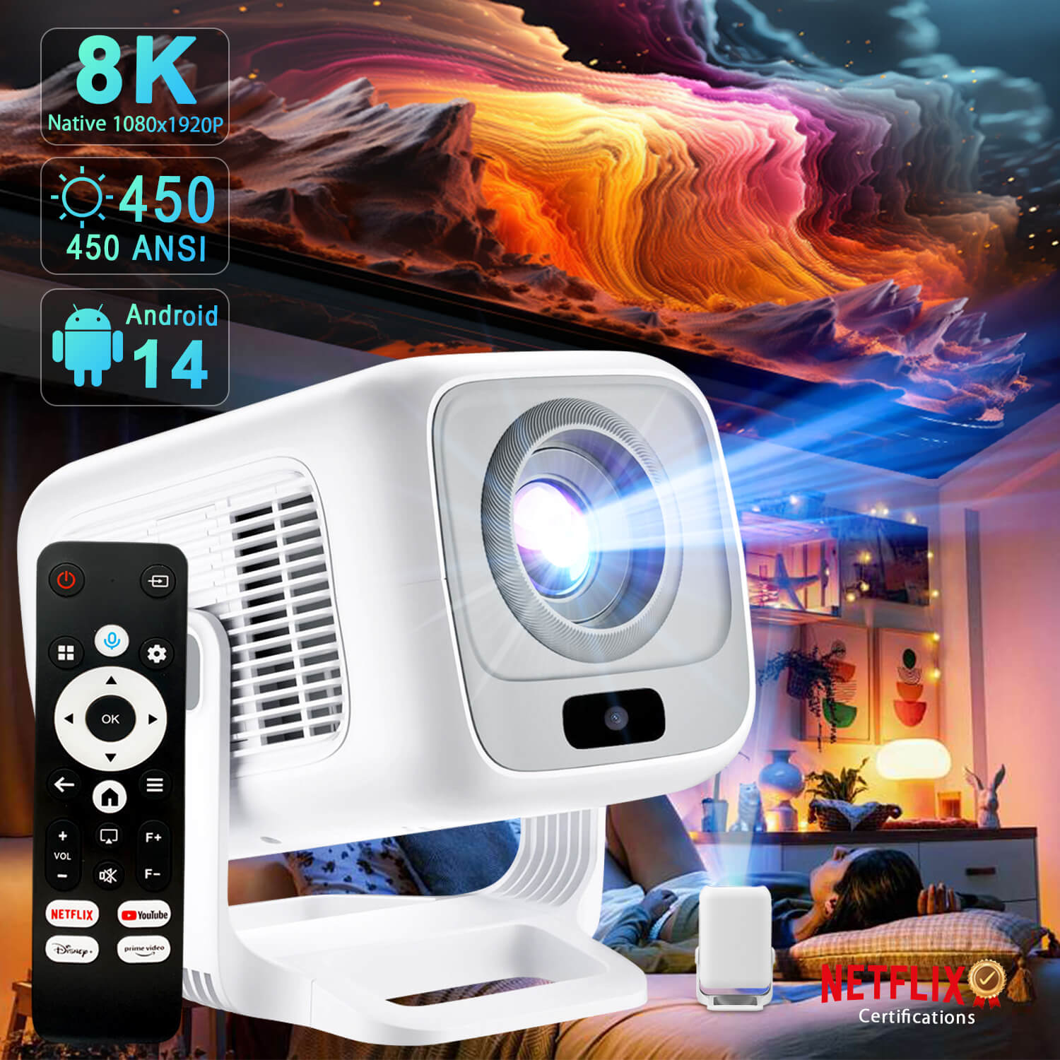 商品情報 製品仕様 システム：Android 14.0 明るさ：450ANSI（米国规格協会） ライト：LED イメージング技術：LCD ネイティブ解像度：1920×1080 最大対応解像度：8K（7680×4320） フォーカス方式：電動フォーカス 台形補正：自動台形補正 電源電圧：100V-240V 50/60Hz 入力：USB/HDMI/AV サイズ：19.6 x 10.2 x 9.2cm 本体重量：0.9kg アスペクト比：16:9 天井への投影：対応 投影サイズ：60~150インチ パッケージ内容 プロジェクター＊1 電源コード＊1 HDMIケーブル＊1 リモコン＊1 日本語取扱説明書＊1 映画館の感動を、自宅のリビングへ。 本格的なホームシアター体験が、いま、手のひらサイズで叶います。 このプロジェクターは、家庭用として最適な小型設計。わずか0.9kgの軽量ボディで、どこへでも簡単に持ち運び可能。 おうち時間をもっと豊かにする、理想のホームプロジェクターです。 📺 Netflix公式認証 × Android 14.0搭載でエンタメ無限大 プロジェクター 家庭用は、として最適な本機は、Netflixなどの動画アプリがスムーズに動作。外部機器不要で映画やドラマ、アニメなどをストレスなく視聴可能です。 スマホのような操作感で、初心者でもすぐに使いこなせます。 👍 原生フルHD（1080P）｜8K対応｜450ANSI高輝度 プロジェクター 8k対応は、リアルな色彩再現と繊細な映像で、夜のリラックスタイムが至福のひとときに。 📍投射比0.8:1で、狭い部屋でも大画面。 プロジェクター 小型は、1.5mの距離で約85インチ、最大150インチまで投影可能。 寝室やワンルームでも圧倒的なシアター空間を演出できます。 📷 電動フォーカス＆自動台形補正搭載 プロジェクター 小型は、わずらわしい手動調整は不要。ボタンひとつで瞬時にピント調整！上下自動台形補正機能付きで、どんな場所でも理想の映像に。 複雑な設定不要、初心者でもすぐに使えるプロジェクター 小型モデルです。 🔄【270度回転｜天井・壁・床にも投影OK】 ホームプロジェクターは、自由自在に角度を調整可能な回転スタンド付き。 プロジェクター 家庭用は、ベッドで寝転びながら天井に映画を映したり、リビングの壁に投影したり、用途は無限大。 📶Wi-Fi6＋Bluetooth5.2対応。ミラーリングもかんたん。 最新のWi-Fi6で、動画のストリーミングも高速・安定。iPhone・Androidの画面をワイヤレスで大画面に映せるミラーリング機能搭載。 スマホに保存された写真や動画も、家族や友人と一緒に大画面で楽しめます。 🔌多彩な接続端子：HDMI / USB / Audio対応 ゲーム機・スピーカー・PCとも簡単接続。 映画、音楽、ゲームなど、楽しみ方はあなた次第。 🏠こんな方におすすめ： ・省スペースでも高性能なプロジェクターを探している方 ・ホームシアターを気軽に始めたい方 ・プロジェクター 小型で機能性も重視したい方 ・自宅で家族や友人と一緒に動画を楽しみたい方 🎁【ギフトにも最適】季節の贈り物や新生活祝いに！ 誕生日・クリスマス・バレンタイン・ホワイトデー・母の日・父の日・敬老の日・新生活祝い・入学/就職祝い・結婚祝い・お子さまへのご褒美など、 さまざまなシーンで喜ばれるプロジェクターです。 ご自宅で手軽にホームシアターが楽しめるため、家族やパートナーとの時間がより特別に。 メーカー希望小売価格はメーカーサイトに基づいて掲載しています メーカー希望小売価格はメーカーサイトに基づいて掲載していますプロジェクター 家庭用 Netflix公式認証&Android TV14.0搭載 270°回転 小型 プロジェクター フルHD 1080p 8K対応 電動フォーカス 自動台形補正 ホームプロジェクター 天井投影 Wi-Fi6 Bluetooth5.2 スピーカー内蔵 スマホ/ノートパソコン/Switch/などに対応