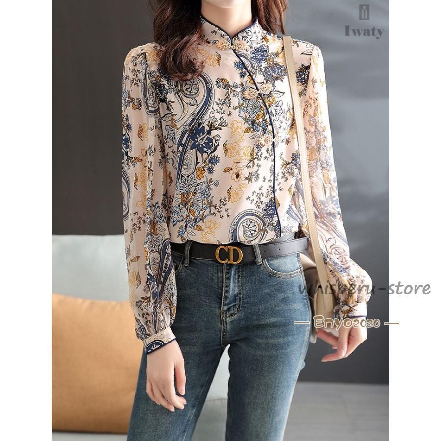 おしゃれ度アップ 春秋 総柄 チャイナボタン ランタンスリーブ ルーズ シャツ