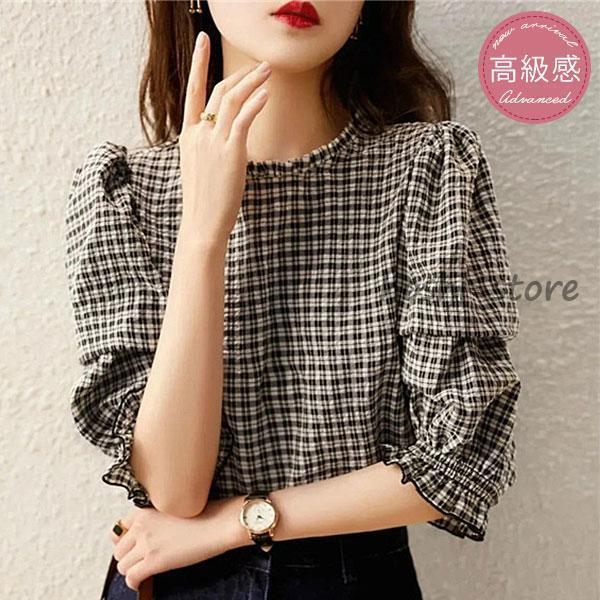 ブラウス 半袖 レディース フレア Tシャツ 5分袖 チェック柄 フレア袖 春 夏 プルオーバー 丸ネック ゆったり 高級感 プレゼント 可愛い