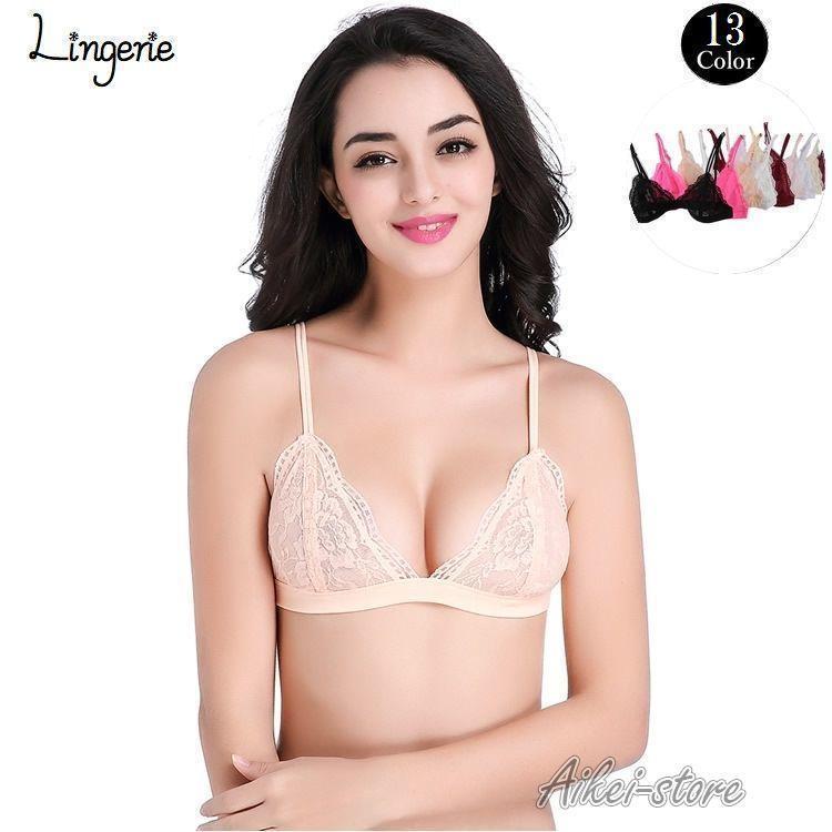 ブラジャー ノンワイヤー ランジェリー 三角ブラ ブラレット トライアングル 下着 インナー ホック レディース 花柄レース S M L ブラック ワ