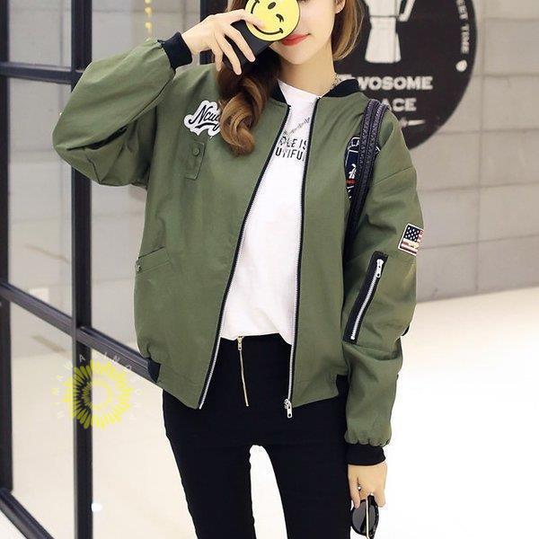 レディース 春 ブルゾン 薄手 ボンバージャケット ミリタリー 大きいサイズ ワッペン