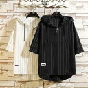 半袖パーカー メンズ パーカー フード付き ストライプ 前開き 薄手 プルオーバー カジュアル 大きいサイズ 夏服 涼しい 半袖 スポーツウェア 春コーデ