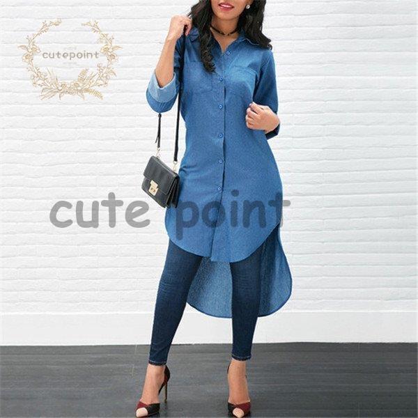 シャツ デニム レディース トップス 無地 デニムシャツ ブラウス 長袖 カジュアルシャツ デニムブラウス 大人 上品 通勤 OL 大きいサイズ