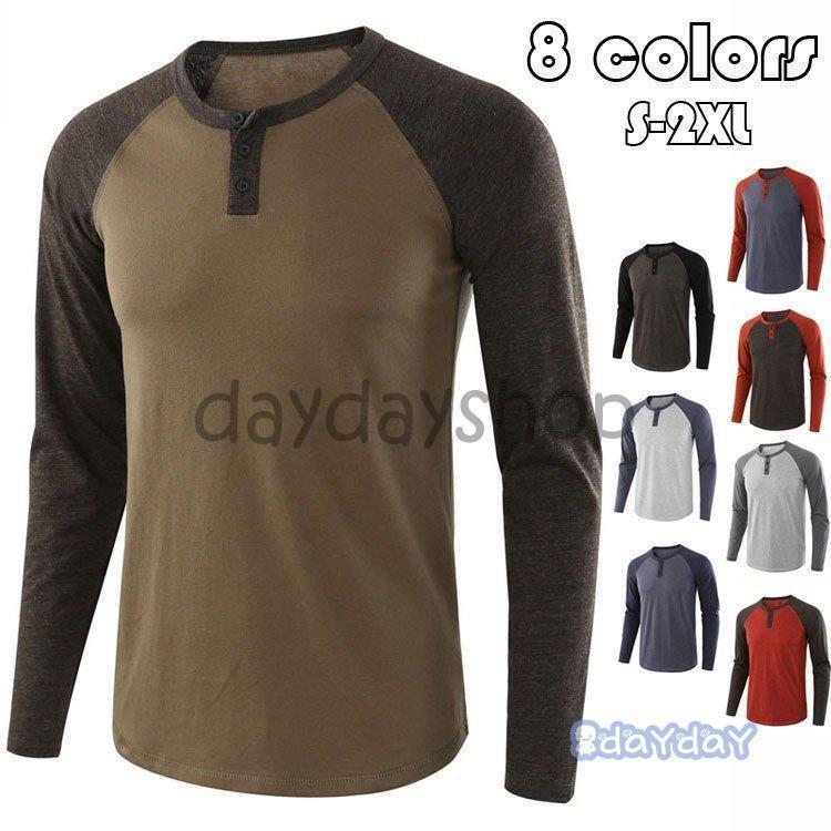 Tシャツメンズヘンリーネック綿配色...