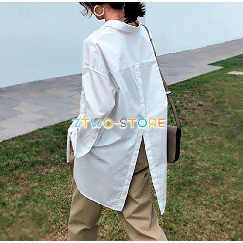 レディース シャツ ブラウス 長袖 チュニックシャツ バックスリット 後ろボタン シャツカラー 白 ホワ..