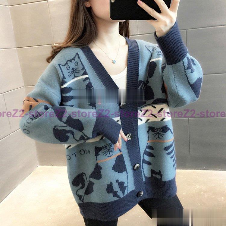 ニットカーディガン レディース 秋冬 40代 長袖 ニットコーディガン 猫プリント vネックカーディガン ..