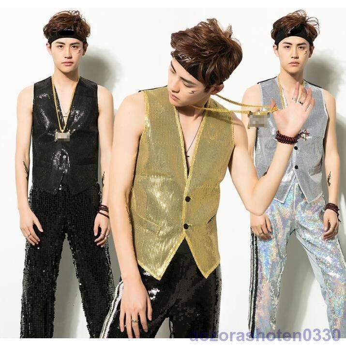 メンズ ヒップホップ 演出服 スパンコール ベスト ダンス衣装 タンクトップ ダンスウェア 司会者 歌手 ..