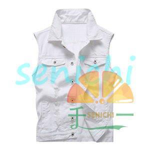 デニムベスト メンズ ベスト デニム ホワイト 折り襟 シングル 無地 カジュアル ダメージ 細身 トップス ファッション 春 夏 秋 新作