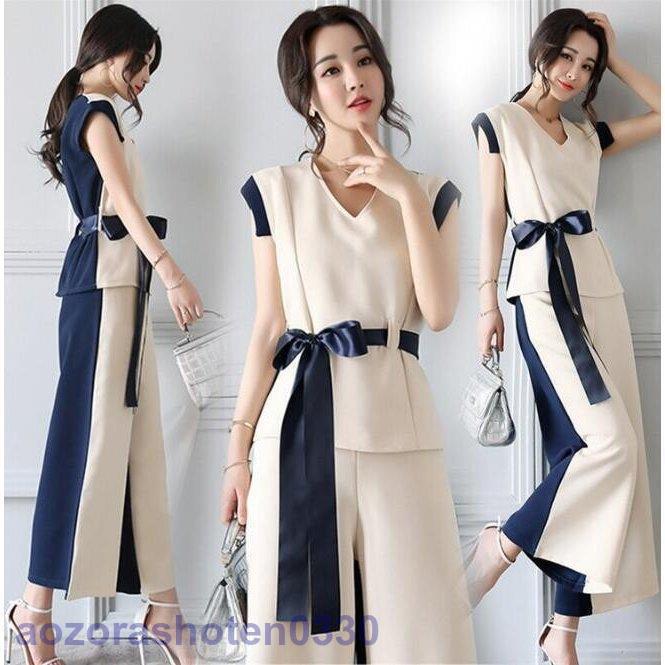 セットアップ パンツスーツ レディース ブラウス 結婚式 大人 上品 ガウチョパンツ トップス Vネック 配色 ベルト付き おしゃれ 着痩せ 薄手 夏物