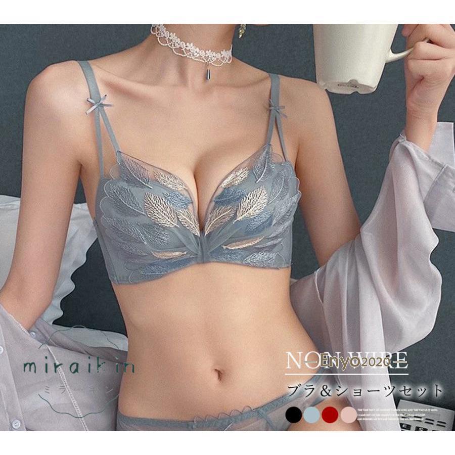 ノンワイヤーブラジャー ショーツ セット 天使の翼 シースルー ランジェリーセット 下着 透け透け シアー インナー 勝負下着 20代 30代 40代