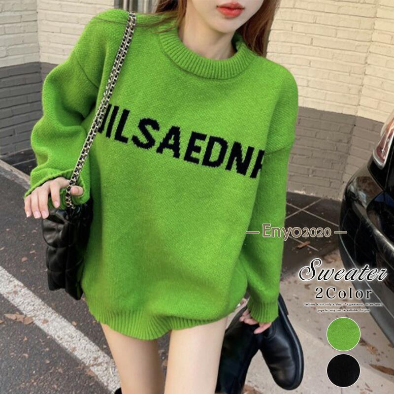 ニット ロゴ オーバーサイズ セーター レディース トップス ロゴデザイン 英字 長袖 秋冬 チュニック ..
