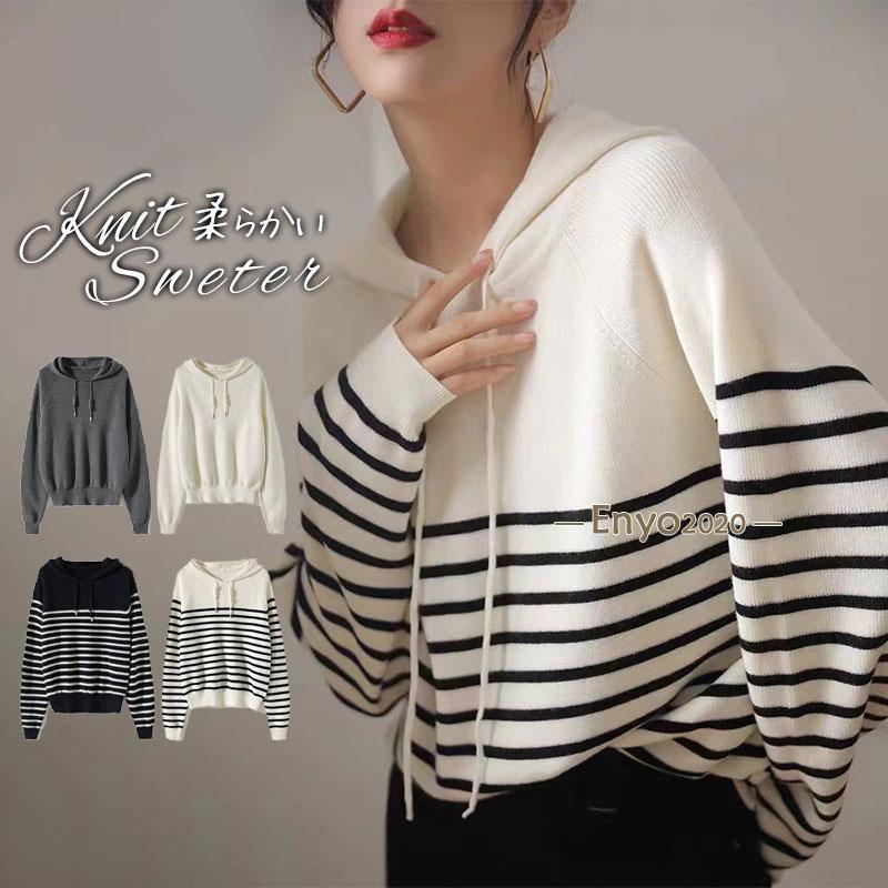 セーター ニット レディース トップス インナー フード付き 長袖 柔らかい 可愛い シンプル ストレッチ..