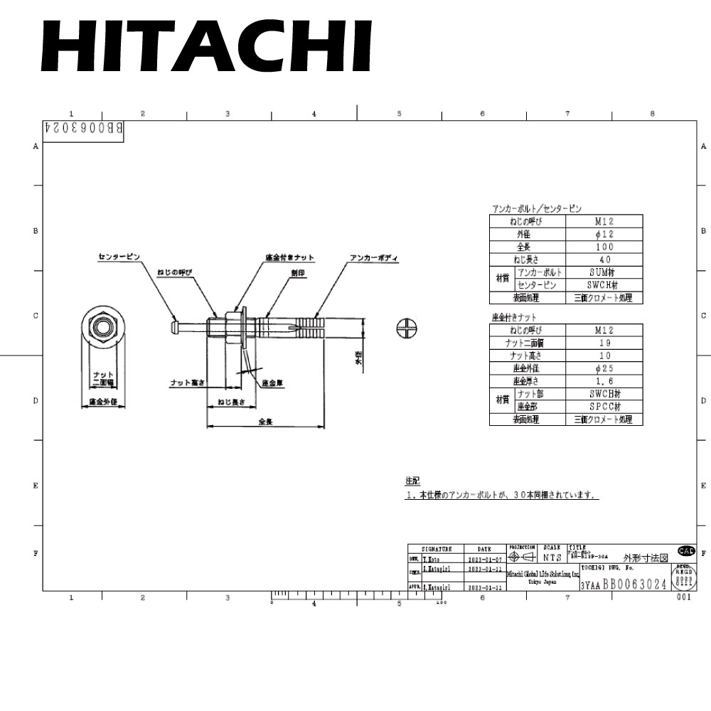 日立 BH-B12F-30A : アンカーボルト全長100mm(M12×30本)∴
