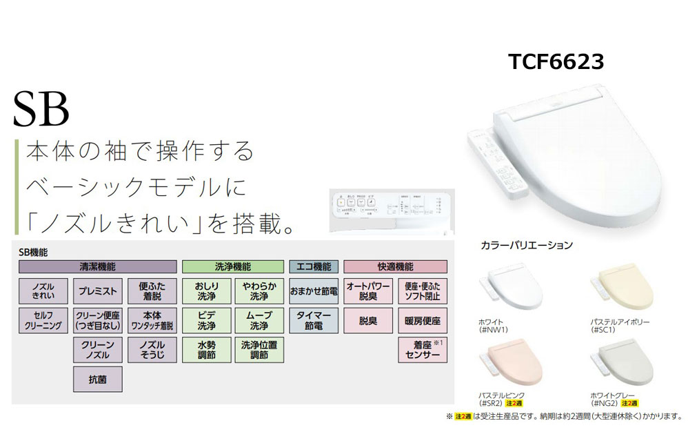 TOTO ウォシュレット SB (リモコン無):TCF6623 #SR2 (レバー洗浄)(注2週).通常在庫品∴∴パステルピンク(注2週) (旧TCF6622)