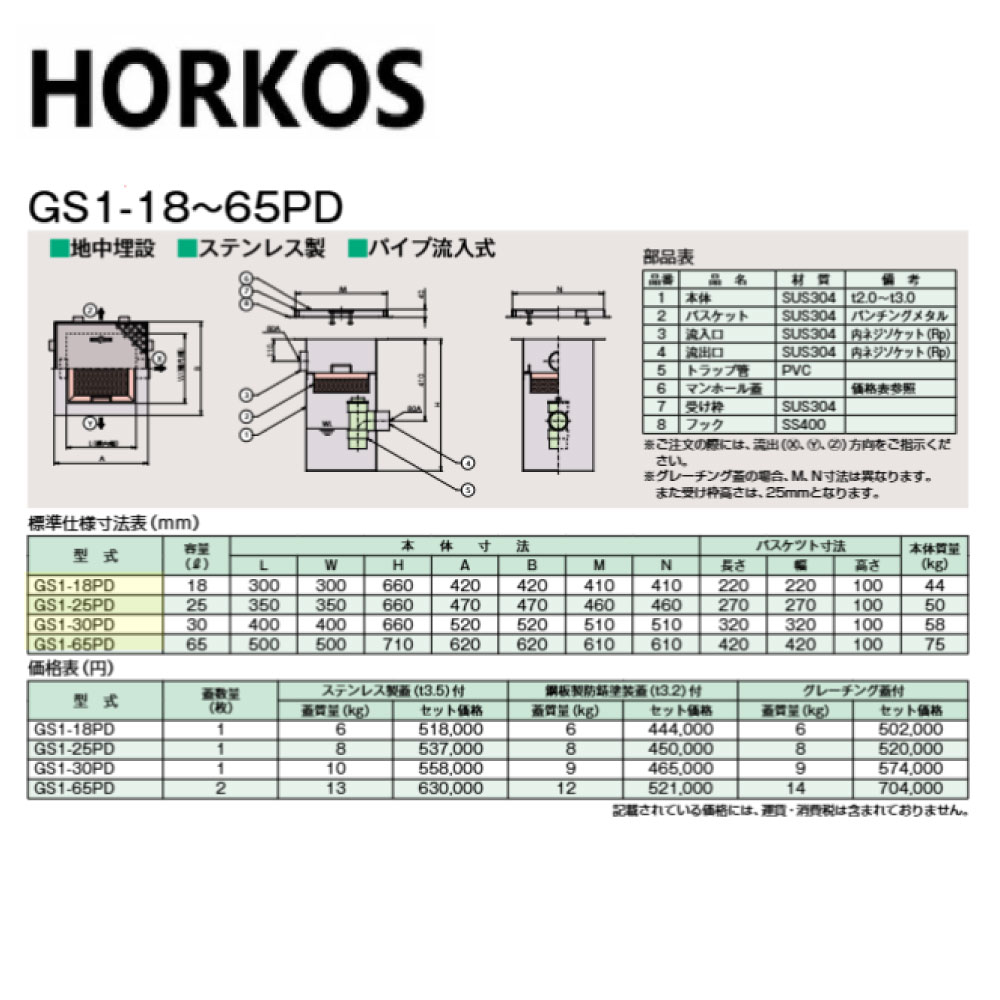 ホーコス GS1-18PD + SUSグレーチング蓋 : SUS 排水用バスケット桝 地中埋設 パイプ流入∴HORKOS・