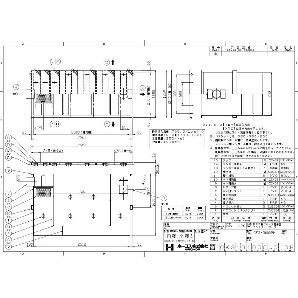 ホーコス FRPグリストラップ パイプ流入埋設型 +SUS蓋T-20重耐:GF3-3000PM + SUS蓋 重荷重 T-20∴HORKOS グリーストラップ 阻集器 厨房 排水 桝 マス