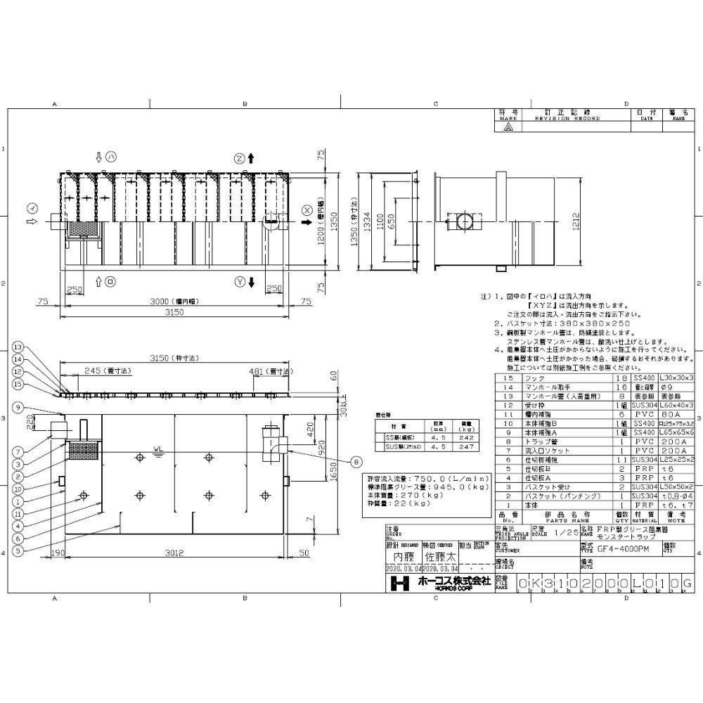 ホーコス FRPグリストラップ パイプ流入埋設型 +SUS蓋T-14重耐:GF4-4000PM + SUS蓋 重荷重 T-14∴HORKOS グリーストラップ 阻集器 厨房 排水 桝 マス