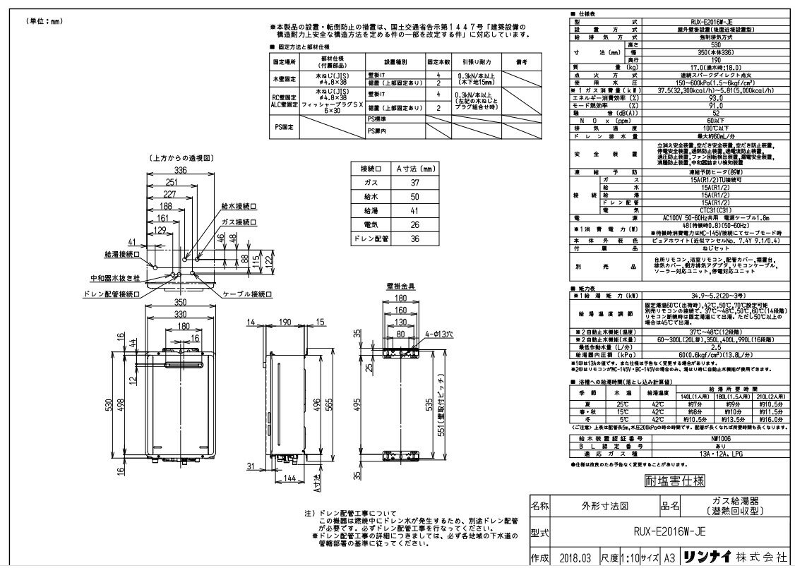 リンナイ エコジョーズ 給湯専用 RUX-Eシリーズ :RUX-E2016W-JE (23-6588)∴∴
