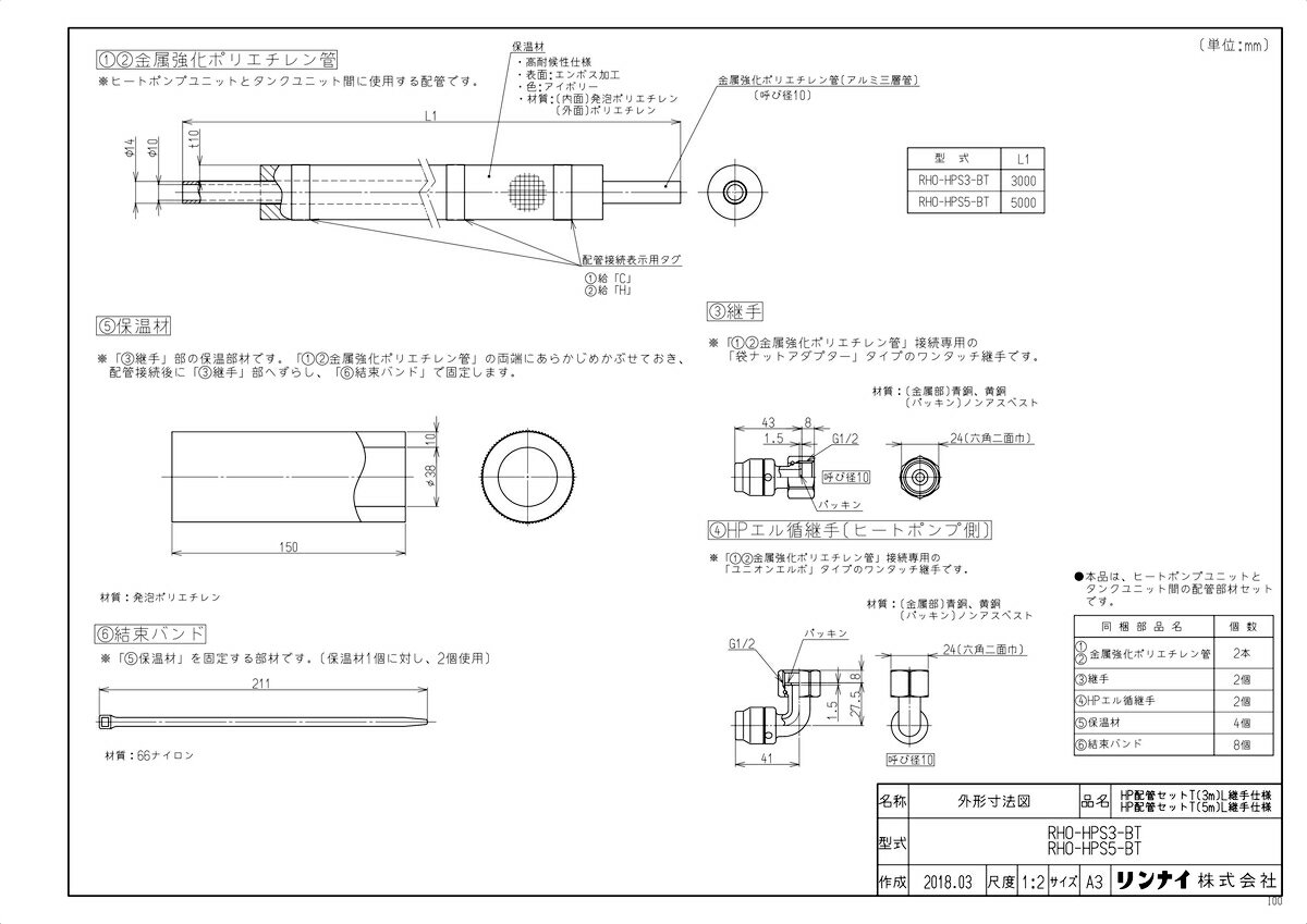 リンナイ HP配管セット(3m)L継手仕様:RHO-HPS3-BT (28-4120)∴∴