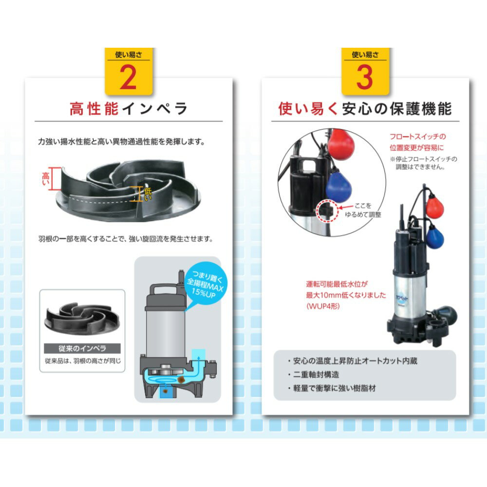 川本製作所汚水水中ポンプWUP4カワペット自動40A:WUP4-406-0.25SL(60Hz)40A-250wthere4;川本ポンプ井戸汲み上げ揚水・池雨水排水残水槽