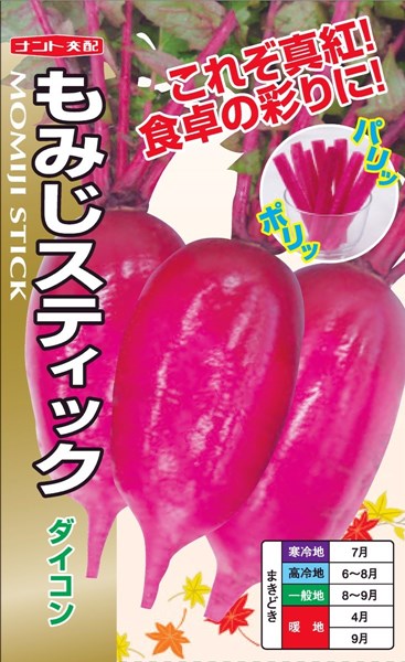 ※この種1mlあたり粒数の目安…35〜50粒内部まで深紅のミディ大根【特長】●形状は長卵形〜円筒形となる。尻詰まりは早いため、収穫サイズはお好みの大きさに調整可能。300g前後から最大1kg位まで大きくすることが可能。●外皮のみならず、内部まで赤く、鮮やかで鮮紅の肉汁が出る。●肉質はシャキシャキでジューシー。サラダや漬物に向く。【栽培の要点】●本種の遺伝的な性質上、紅色が発現しない個体が5〜8%発生。よって播種は3粒蒔きを基本とし、間引き時に胚軸、葉軸が赤いものを残す。●栽植密度は通常の青首ダイコン栽培基準に準ずる。葉はコンパクトであるが、やや開帳性であるため、密植栽培では生育のバラツキがでる可能性がある。●施肥量も通常の青首ダイコン栽培基準に準ずる。晩生60日タイプで生育はやや緩慢なため、他のミニ大根のような減肥は避ける。●春蒔きでは、無理な早蒔きは抽苔の可能性があるので注意。秋蒔きの無理な遅まきでは肥大不足となるため、年内収穫できる作型が望ましい。年越し収獲する場合は、年内中にある程度の大きさまで生育させることがポイント。 ご注文の際は必ずお読みください 【商品の出荷について】 ◆お取り寄せ品につき、出荷までに若干の日数を頂戴しております（通常2〜7営業日程度）。 ◆メーカーの在庫状況によっては、出荷までしばらくお待ちいただく場合や、キャンセルさせていただく場合があります（メールでお知らせ致します）。 ◆ご注文の一部が在庫切れの場合、在庫のある商品を先に出荷し、在庫切れ品は入荷後の出荷とさせていただきます（後送分の送料は当店にて負担致します）。 ◆メール便は普通郵便を使用するため、到着まで日数がかかる場合があります。宛先へのポスト投函で配達完了となり、荷物の追跡はできません。また、土日祝日は配達されません。 【種子について】 ◆ご注文の時点でのメーカー在庫のお取り寄せとなりますので、ご注文の時期よっては種子の有効期限が間近な商品となる場合があります。 ◆種子は発芽試験を受けた純良なものをご用意させていただきますが、播種後、温度や水分などが不適な条件下では発芽しない場合があります。 ◆栽培条件・天候等により生育に差が生じることがあり、また、結果が異なる場合があります。むやみな早まき遅まきを避け、適期の播種を心がけてください。 ◆種子のパッケージは、内容量の違いやデザインの変更などにより、写真と異なる場合があります。 以上、ご注文に際し予めご了承下さい。