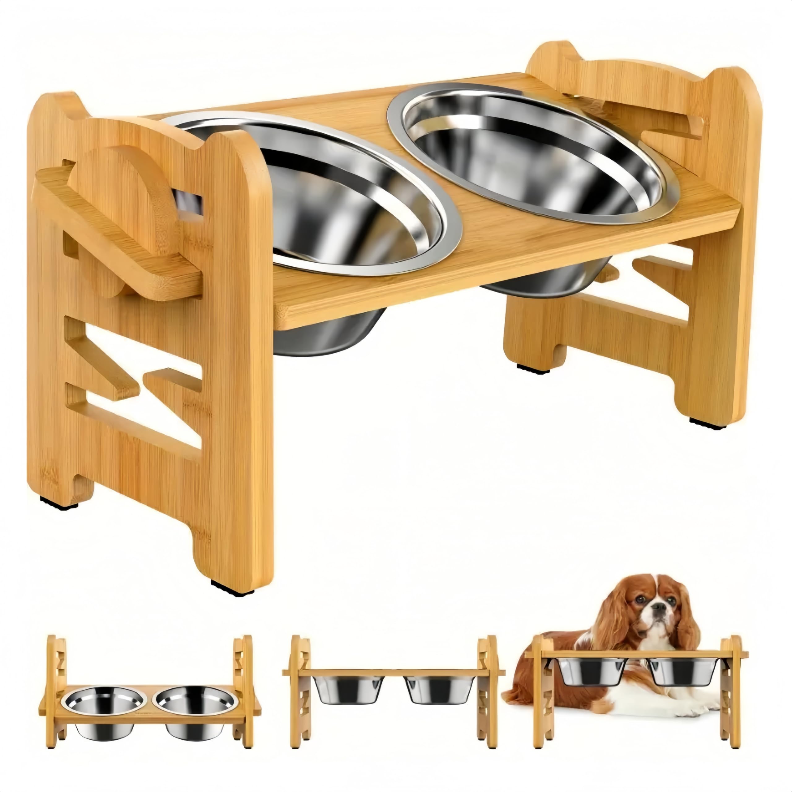猫と犬のフードボウル、ペットボウルスタンド、4段階の高さ調整、ステンレススチールボウル、竹、滑り..