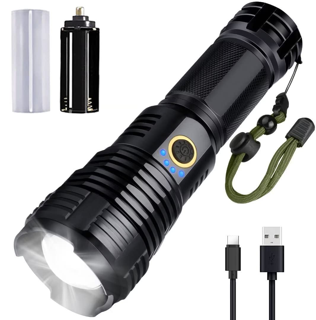 防水懐中電灯、USB充電式、電池式、LCDディスプレイ、ズーム機能、5段階調光モード、TYPE-C LED、ポー..