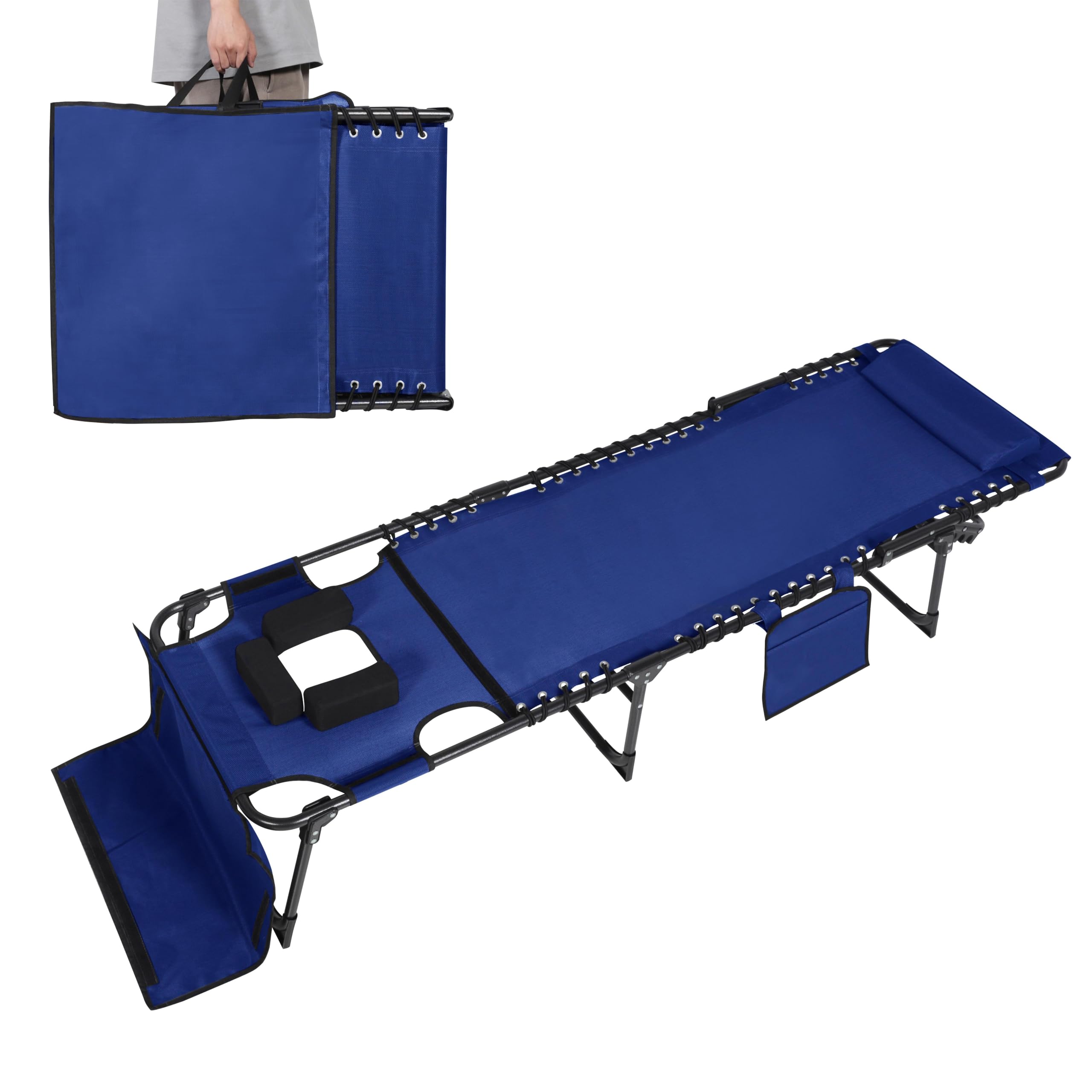 長椅子 ラウンジチェア フェイスホール付き 屋外用 4つ折り背もたれ 取り外し可能な枕 取り外し可能なポケット ポータブル サンラウンジャー リクライニングチェア ビーチ キャンプ プール用 ブルー