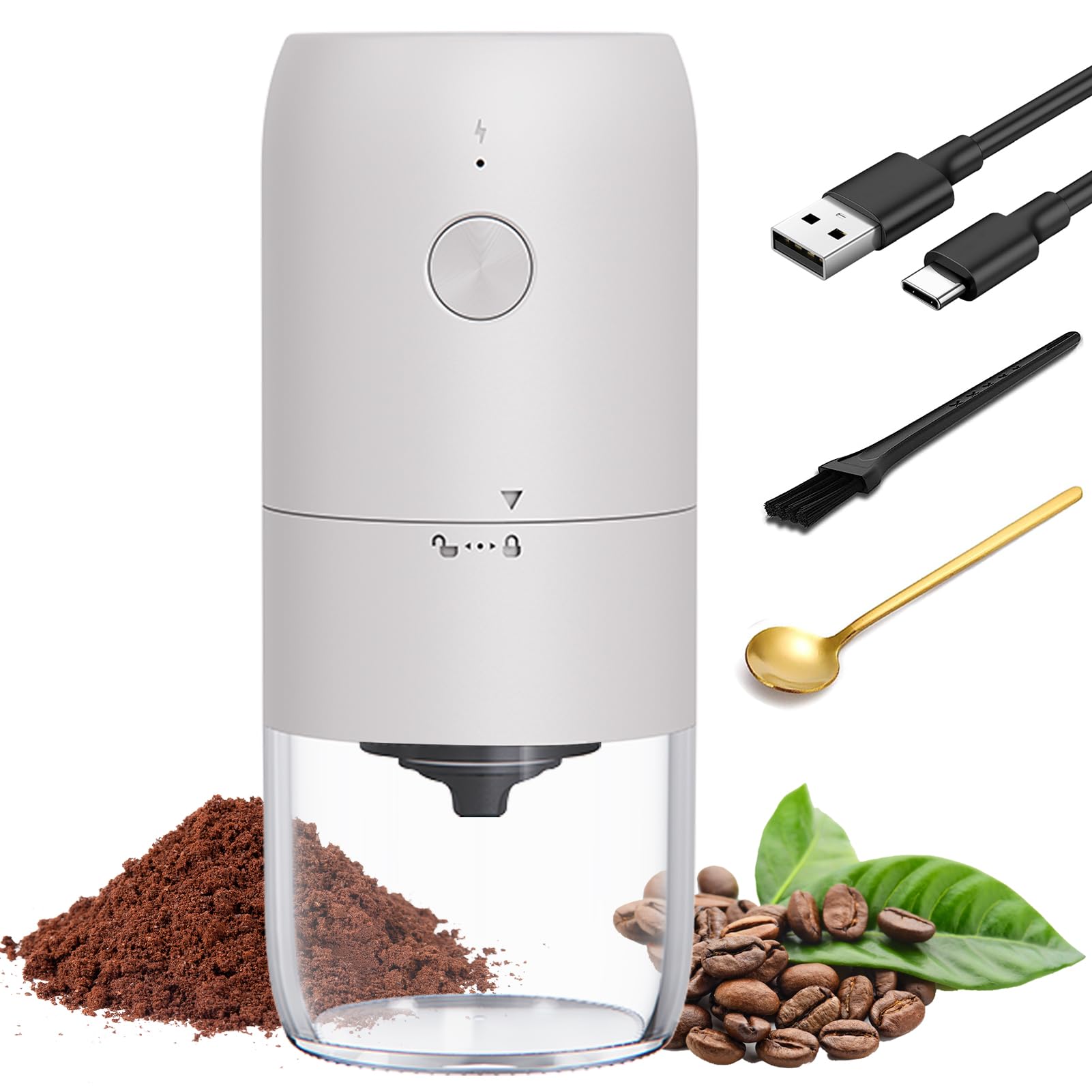 電動コーヒーグラインダー、充電式、ポータブル、コンパクト、粗さ調整可能、1800mAh、自動
