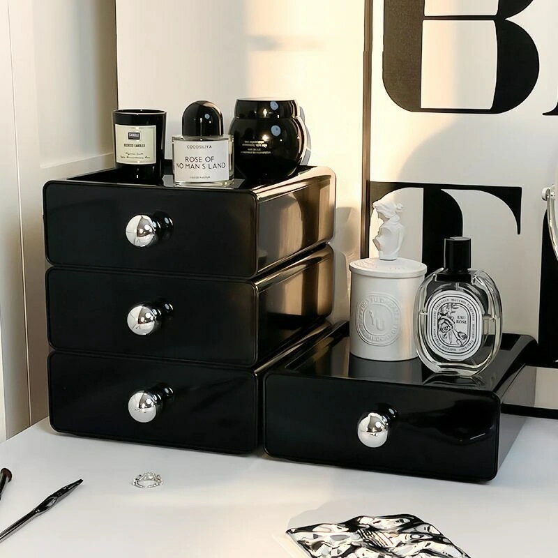 ins風 デスクトップ 化粧品 収納 ボックス 重層 デザインし オフィス 宿舎 引き出し式 ブラック 収納ケース