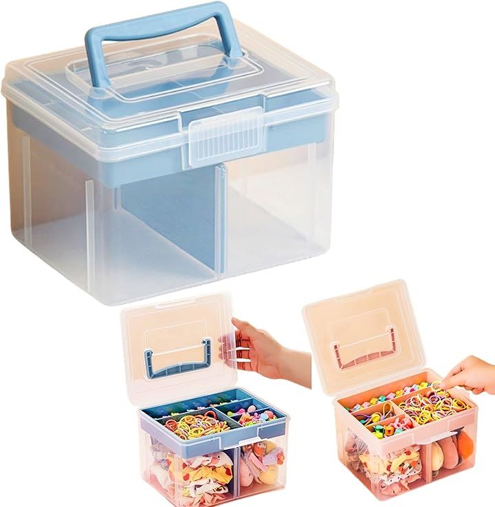 透明 収納 ボックス クリアケース 二層収納ケース 収納ボックス 蓋付き 仕切りトレイ付き 小物収納ケース 文具用品 事務用品 大容量( ブルー, Sサイズ：20x16x14.5cm)