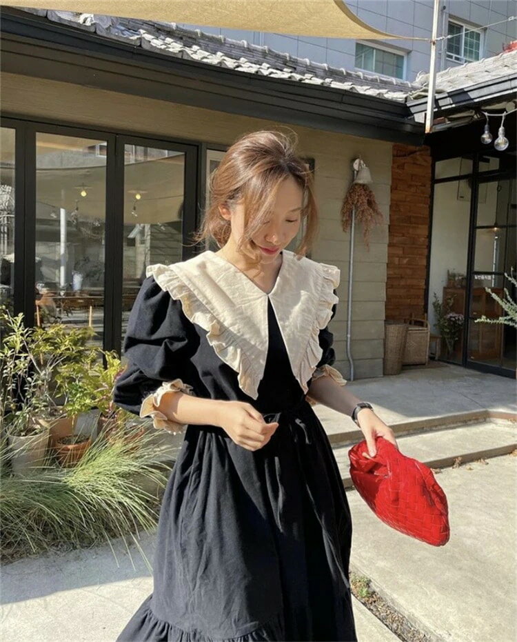 通勤する 大きいサイズ 婦人服 人形の襟 スリム ワンピース 秋冬 レトロ 気質 長袖 黒のスカート