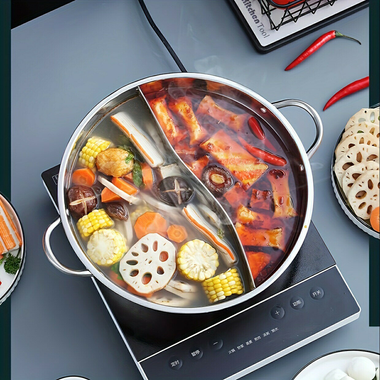 1pc、アヒル鍋、火鍋鍋、ステンレス、電磁ストーブ鍋、しゃぶしゃぶ鍋、家庭用アヒル鍋、双味鍋、27.3cm/10.74in直径、紙箱単独包装