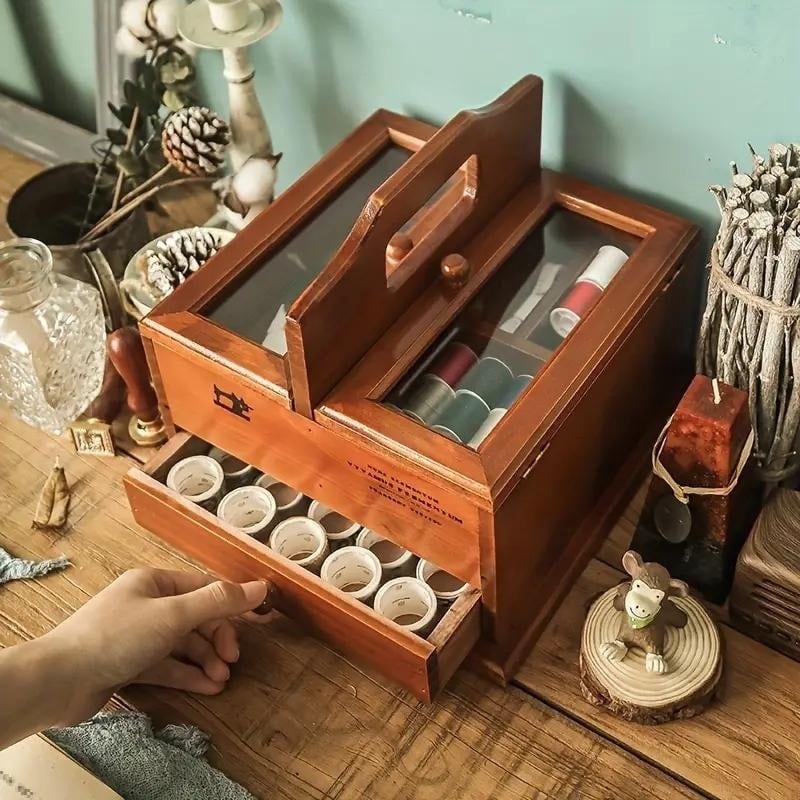 木製 ソーイングボックス 裁縫箱 収納箱 薬箱 裁縫道具 針箱 手芸道具 洋裁 和裁 小物入れ レトロ ヴィ..