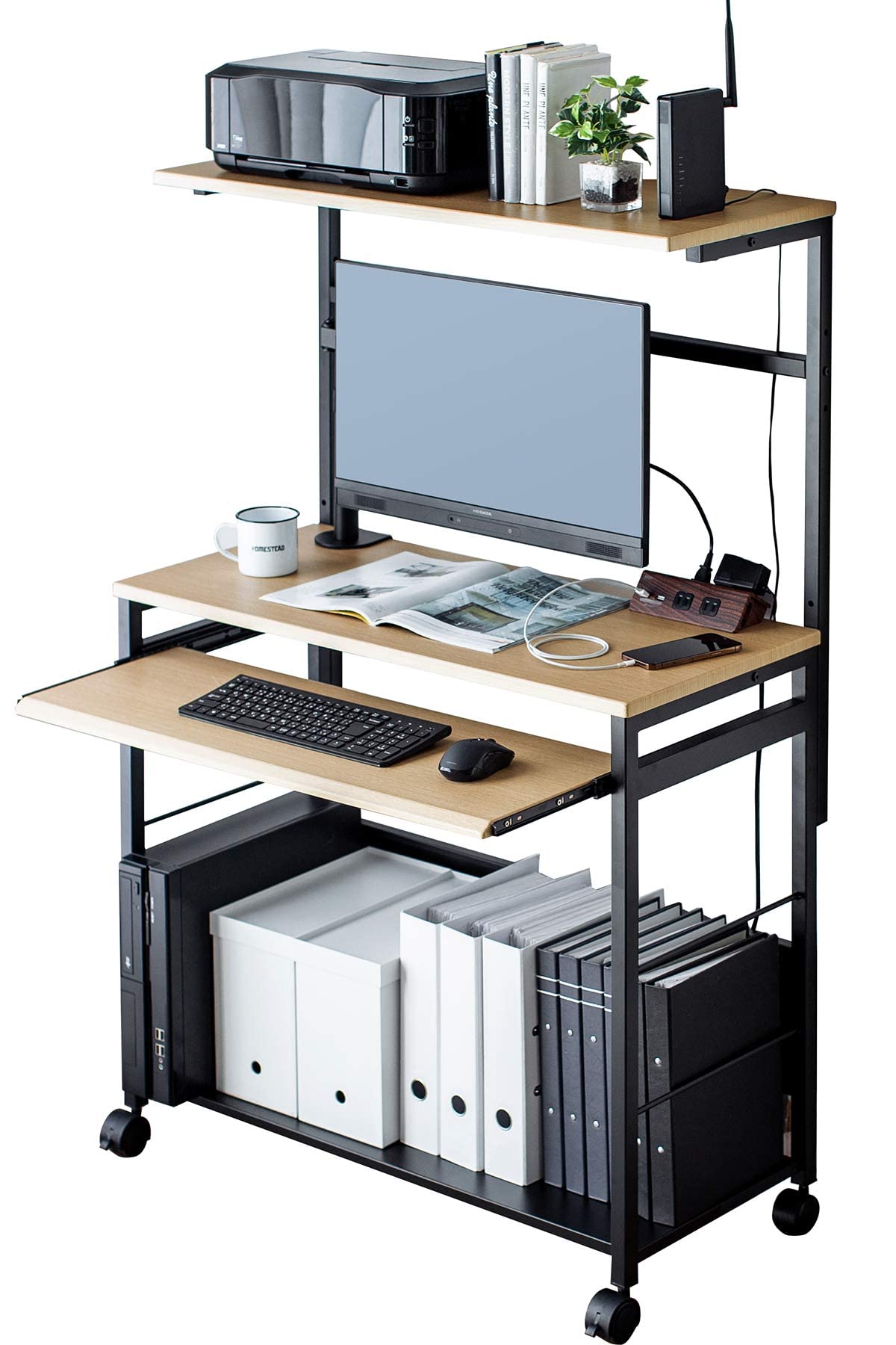 サンワダイレクト パソコンデスク ラック付き 幅90cm 奥行43cm キーボードスライダー付き モニターアー..