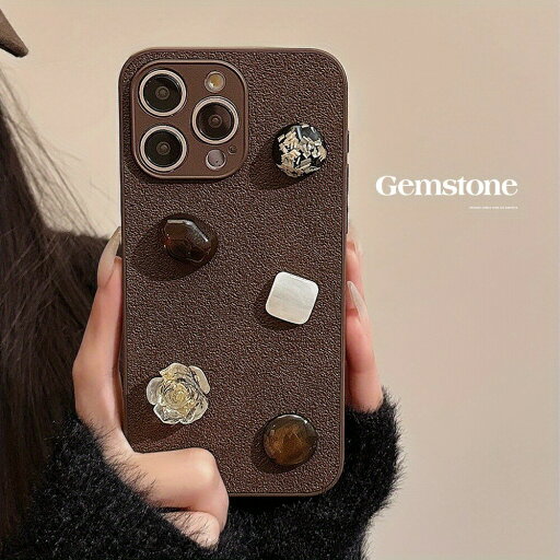 ヴィンテージブラウン三次元宝石雄しべプレミアム Pu レザー電話ケース Apple 15/14/13/12/11 シリーズ ヴィンテージブラウン三次元宝石雄しべプレミアム Pu レザー電話ケース Apple 15/14/13/12/11 シリーズ
