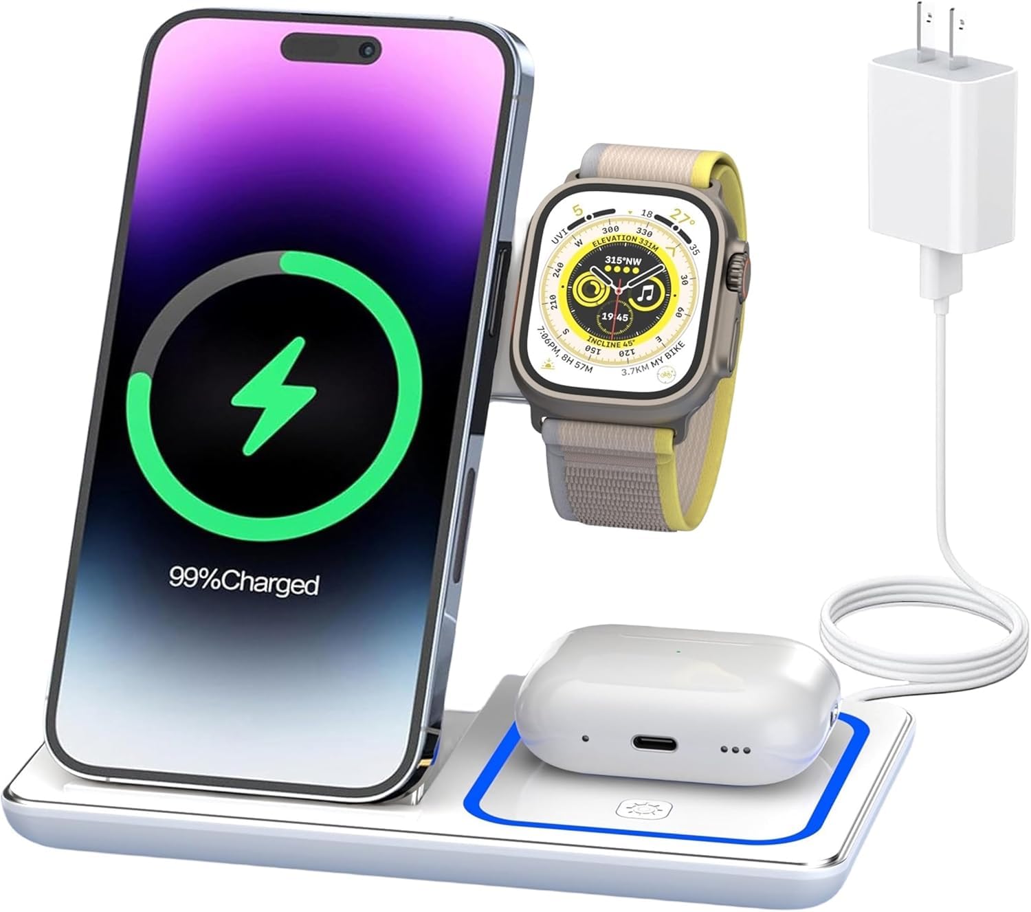 ワイヤレス充電器 4 in 1 折り畳み式 急速充電 ワイヤレス充電器 同時に For iPhone/iwartch/Airpods 無線充電器に対応 for iPhone 15/14/13/12/Galaxy S23/S22/S20/AirPods 2/AirPods Pro/Apple Watchなど対応 誕生日ギフト(QC3.0アダプター付属）