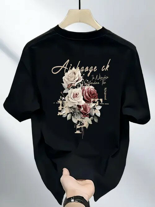 200gの黒いクルーネック半袖Tシャツは、背中に花柄がプリントされ、花は白、ピンク、その他の色から選べ、柄の上にはテキストがあり、その周りには小さなテキストがある。着心地がよく、通気性に優れたコットン素材を使用。