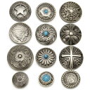 コンチョ ボタン 12個セット ねじ式 アンティーク シルバー 20mm?33mm ターコイズ 唐草 インディアン 龍 五芒星 さくら レザ
