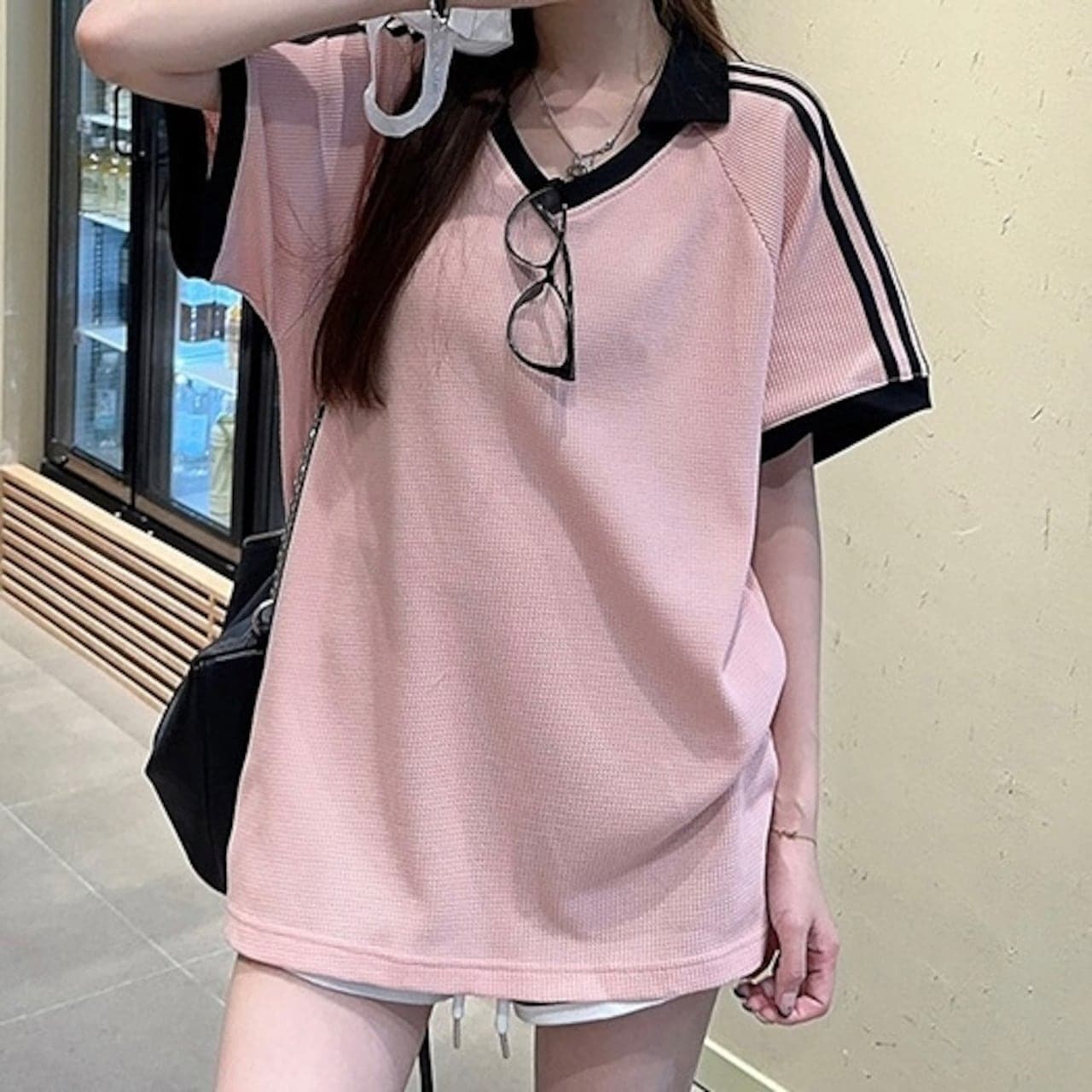 夏 韓国トップス ポロシャツ 半袖 Vネック ストライプ ゆったり 細見え 夏 白 おしゃれ かわいい 韓国ファッション レディース お出かけ