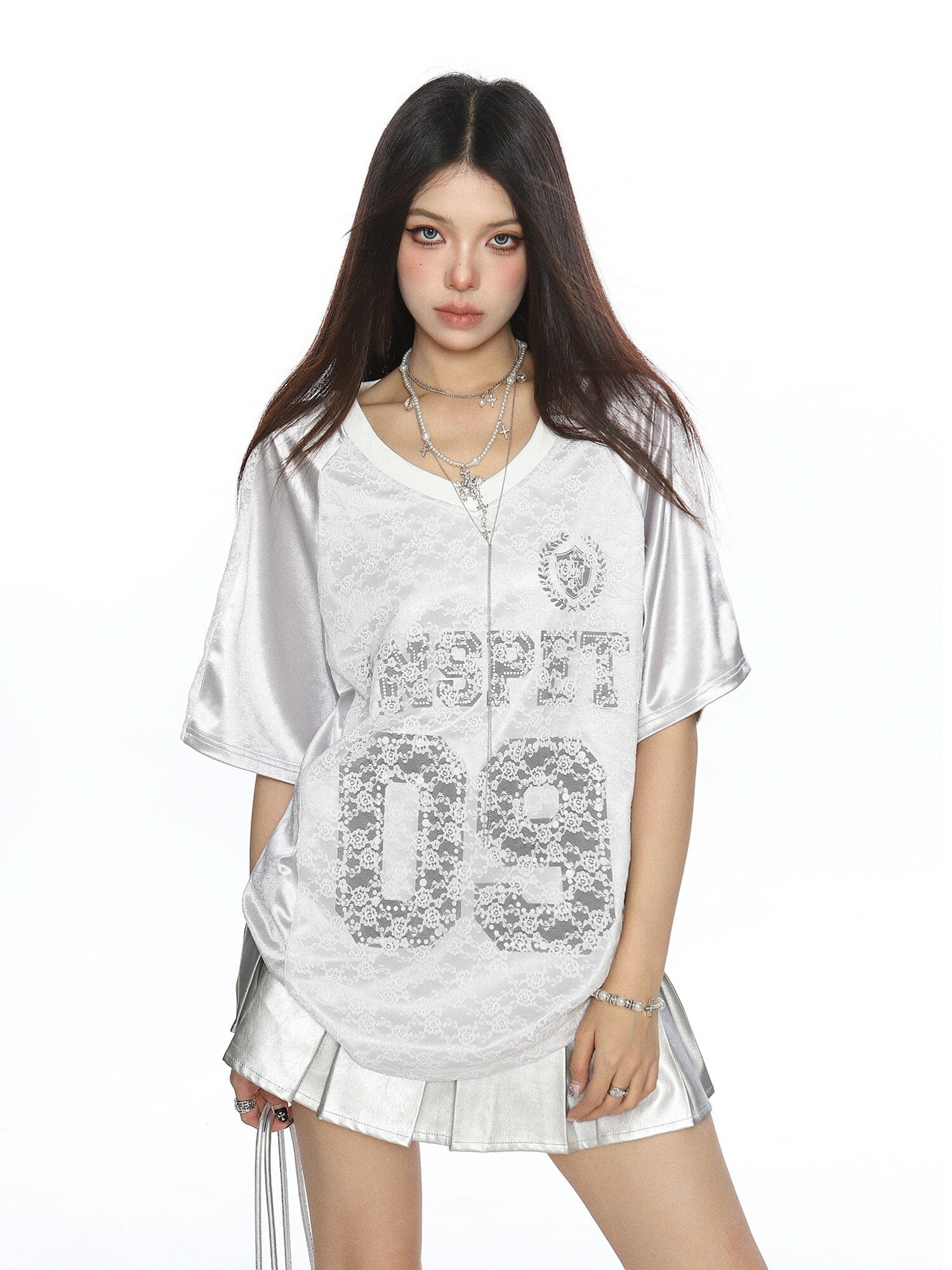可愛い風トップスレース切り替えTシャツファッション半袖ストリート系サイド丈フットシルエットシャツ衣装レディースサイズVネックユニセックスおしゃれカジュアルダンスラグラン