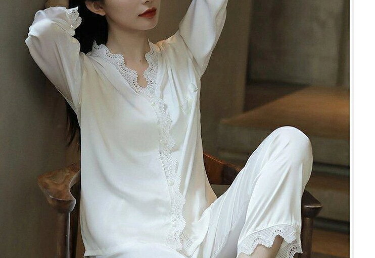 パジャマ ルームウェア レディース 春夏秋 ナイトウェア 長袖 パジャマ 前開きルームウェア レースVネック レション ロングパンツ上下セット 大人可愛いパジャマ 女性 部屋着