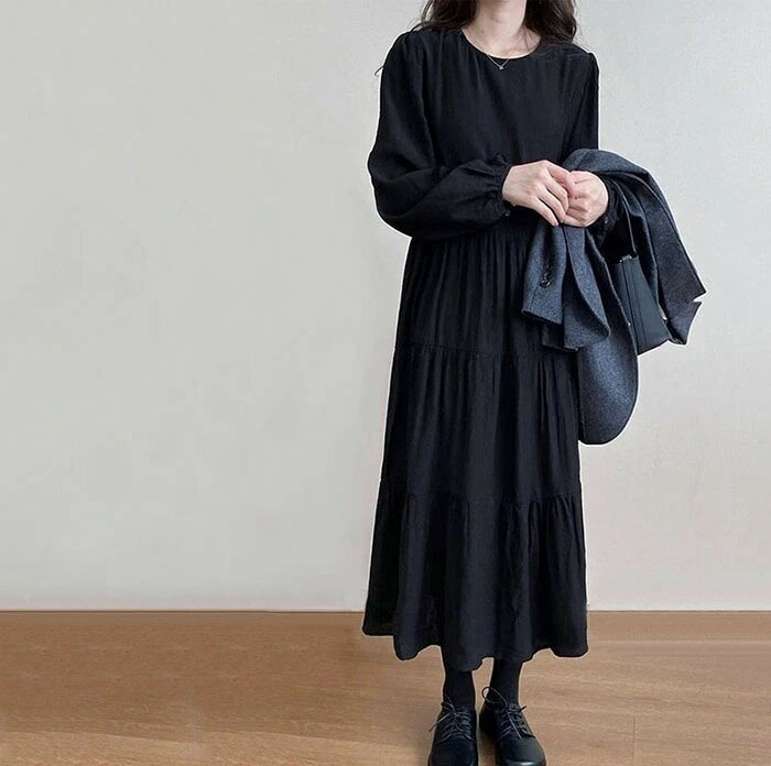 レディース マキシ ドレス、黒、長袖、フレア、ミディ丈、スリムフィット、プラスサイズ、スリムフィッ..