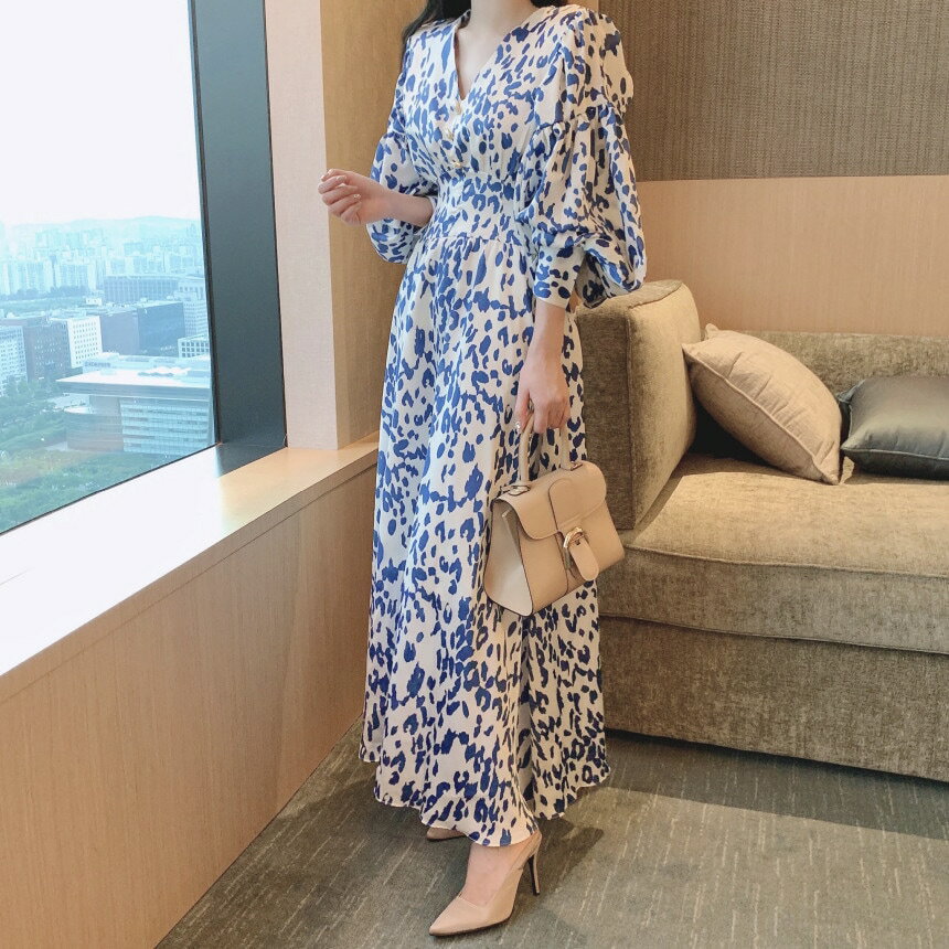 女性の通勤、オフィス、パーティーに最適な、フランスのファッションパフスリーブVネックドレス