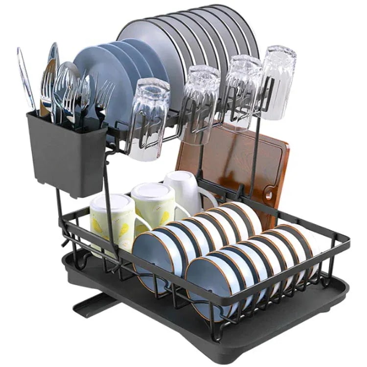 水切りラック 食器 水切りラック コップホルダー 大容量 ラック 水切りかご 2段 水が流れる カラトス付..
