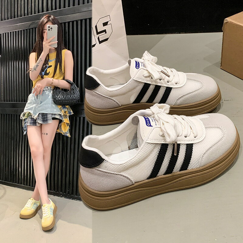 ニッチなレトロなレディースシューズ、2025年春の新作万能厚底レザーパッチワークシューズ、カジュアルスポーツホワイトシューズ